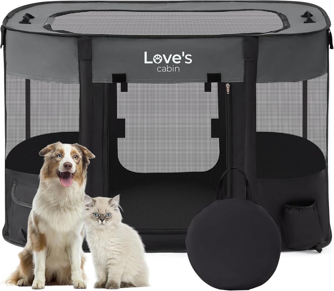 Love's cabin Pet Puppy Dog Playpen, Medium Dog Tent Crates Cage Indoor/Outdoor, Portable Exercise Playpen for Dog and Cat, Foldable Pop Up Dog Kennel Playpen with Carring Case (M, Grey)