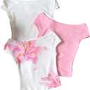 3 x WDIRARA Girl's 3 Pack Floral Off The Shoulder T Shirts Cap Sleeve Tee Fitted Tops (Pink), 8Y
