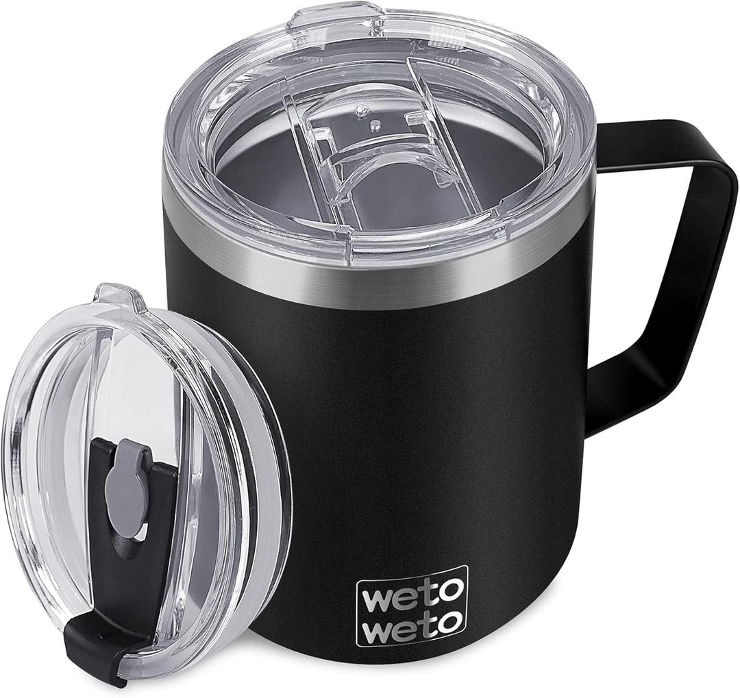 WETOWETO Coffee Mug with Handle, 14oz Insulated Stainless Steel Reusable Coffee Cup, Double Wall Coffee Travel Mug, Powder Coated, Black