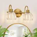 Bathroom Vanity Light (2-Light, 15 in), Brushed Gold Vanity Lights for Bathroom with Ribbed Clear Tulip Glass Shade, Vintage Vanity Wall Lights for Mirror Bedroom Living Room Hallway