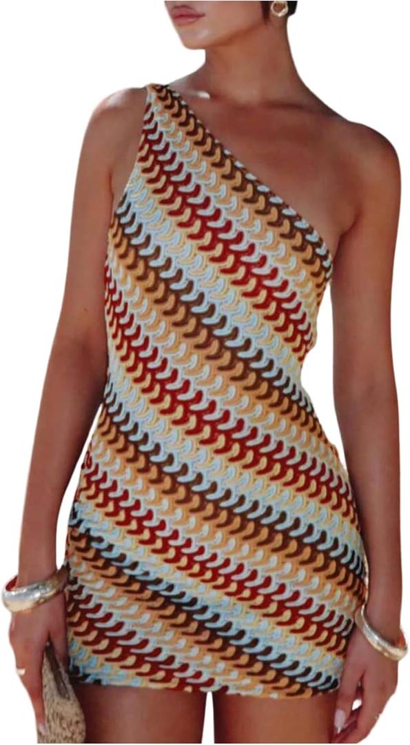 GORGLITTER Women's Asymmetrical One Shoulder Dress Summer Striped Sleeveless Birthday Night Bodycon Mini Sundresses Blue Small
