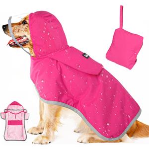 Lukovee Adjustable Dog Rain Jacket with Clear Hooded Double Layer, Waterproof Dog Rain Coat Poncho with Reflective Storage Pocket & Rim (Yellow, L) (Large, A-Yelllow)