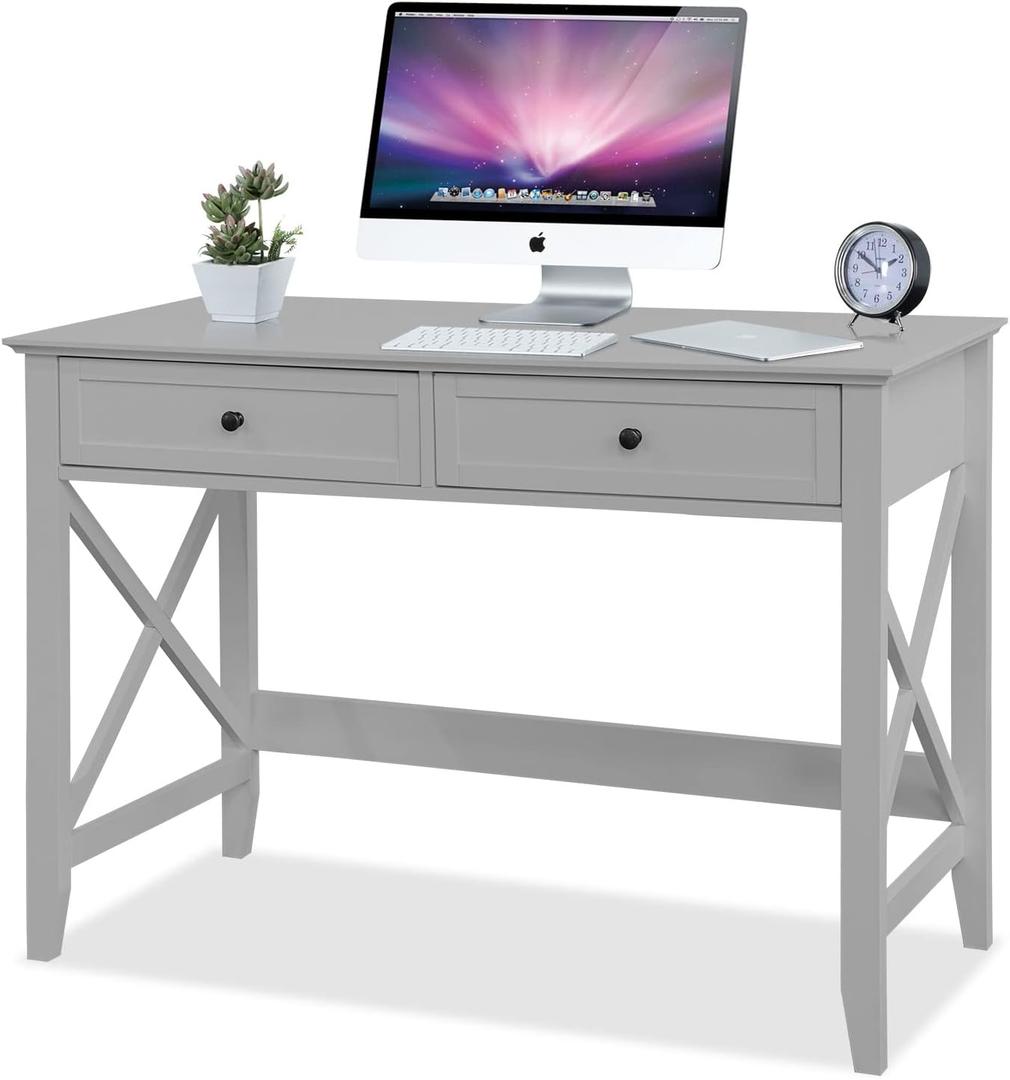 Computer Desk with 2 Drawers, Elegant Home Office Writing Study Desk with Storage, Modern Simple Vanity Desk Console Table for Living Room, Grey