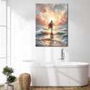 Jesus Walking on Water Canvas Wall Art Christian God Wall Decor Sacred God Walking on Ocean Beach Painting Pictures Religious Posters Prints for Living Room Bedroom Church Home Decorations Framed