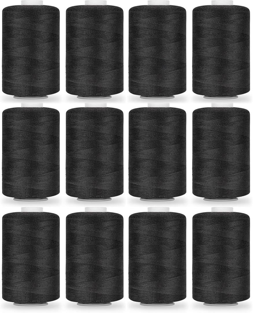 12PCS Thread - 1000Yard Black All Purpose Sewing Machine Thread for Sewing Machine, Hand Stitching, Embroidery Clothing Repair, Home Decor