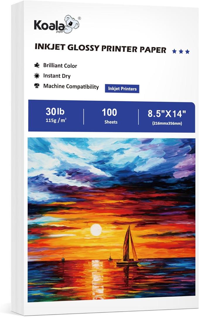 Koala Glossy Thin Inkjet Paper 8.5X14 Inches 100 Sheets 30LB Legal Size Printer Paper Compatible with Inkjet Printer Use DYE INK 115gsm