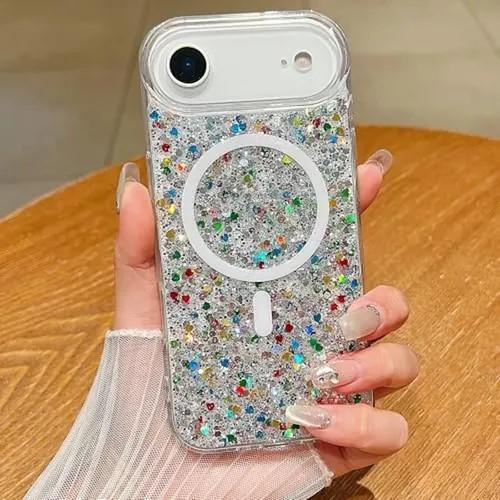 Changjia Magnetic Glitter Case for iPhone Air,[Compatible with MagSafe] Cute Luxury Bling Sparkly Crystal Diamonds Shiny Clear Shockproof Women Girls Slim Protective Cover for iPhone 17 Air 6.5", White