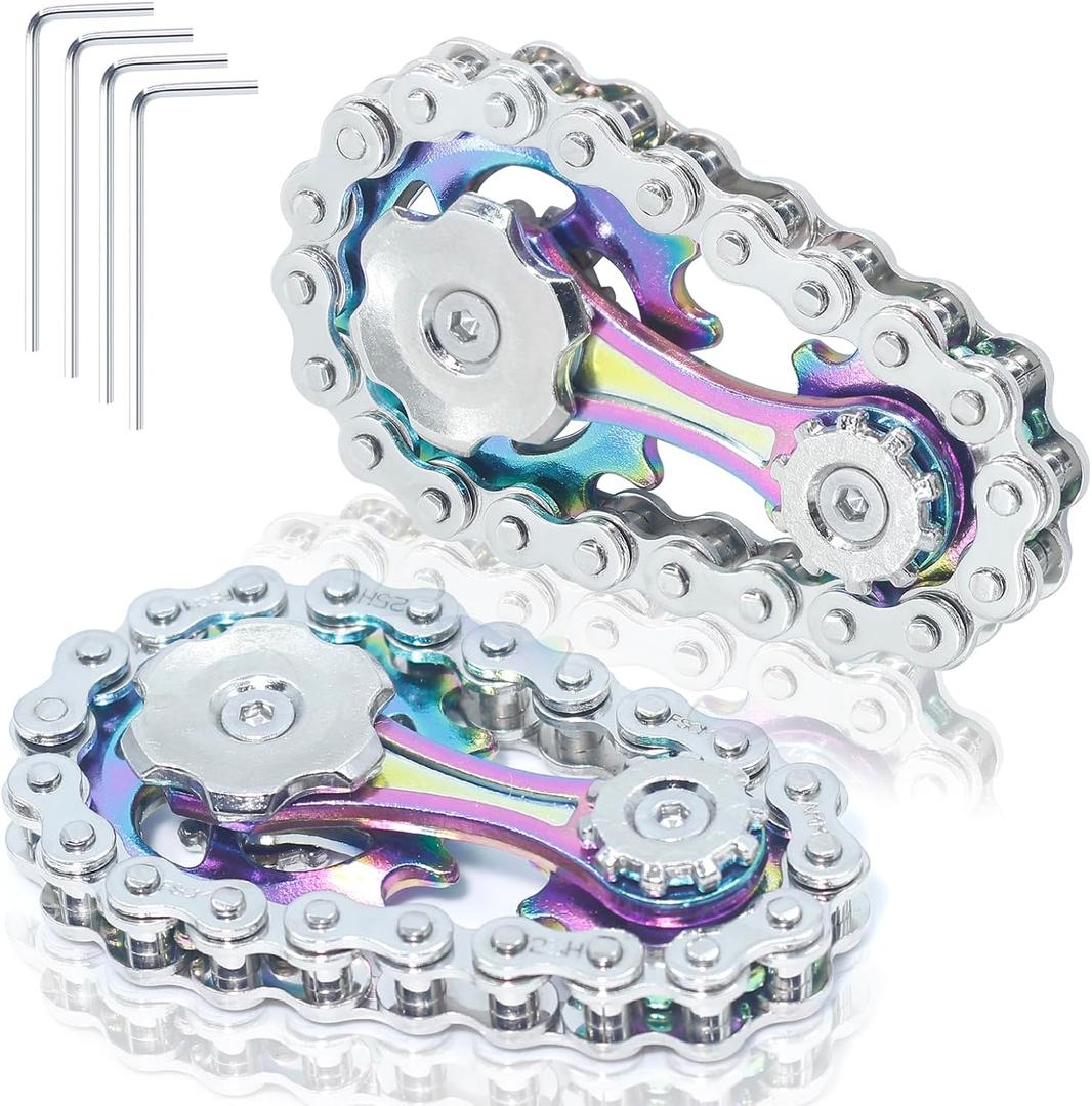 2 Pack Classic Silver Bike Chain Metal Fidget Spinners for Adults & Teen & Kids 8-12, Cool Gadgets Office Desk Toy Stress Relief Items for Autism ADHD Anxiety Stocking Stuffers for Teen Boys Men Gift
