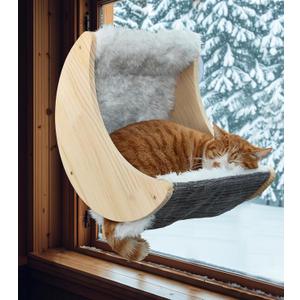 HAPYKITYS Window Cat Beds with Ultra Plush Hammock, Moon Shelves Mounted with Strong Suction Cups, Cat Window Seat for Overlooking and Sunbathing(Faux Wool Fur)