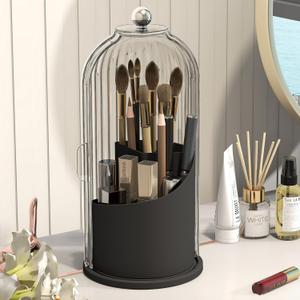 Makeup Brush Holder with Dustproof Cover 360 Rotating Makeup Brush Organizer for Vanity Bathroom, White/Black