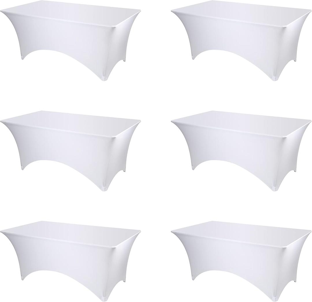 BRILLMAX 6 Pack White Spandex Table Covers for 6 Ft Rectangle Tables - 180 GSM Thick Stretch Tablecloth Fitted, Reinforced Foot Pockets, Wrinkle Free Cloth for Wedding Banquet Party Trade Show