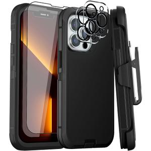 Case for iPhone 13 Pro Max Case 6.7" Belt-Clip Kickstand Holster with 2 Screen Protector + 2 Camera Lens Protector,Full Body Heavy Duty Military Grade Drop Protection Cover (Black+Clip)
