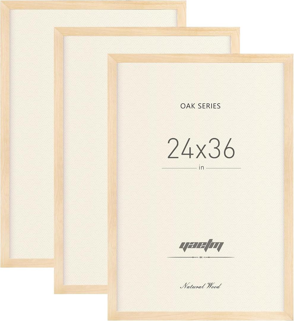 Yaetm 24x36 Oak Frames Set of 3, Wide Molding, Natural Solid Wood 24x36 Poster Frame, Display Large Picture with Plexiglass for Wall Mount (3 pack, Oak)