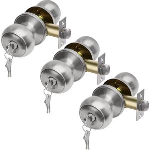 (3 Pack) CML Hardware Keyed Alike Entry Door Knob, Exterior Door Lock with Same Keys in Solid Stainless Steel for Entrance and Front Door, Round Ball Handle (Stain Stainless)