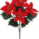6 Pcs Poinsettia Artificial Christmas Flowers Red 5 Heads Faux Poinsettia Silk Artificial Poinsettias Bush for Xmas Tree Ornament Home Garden Porch Decoration