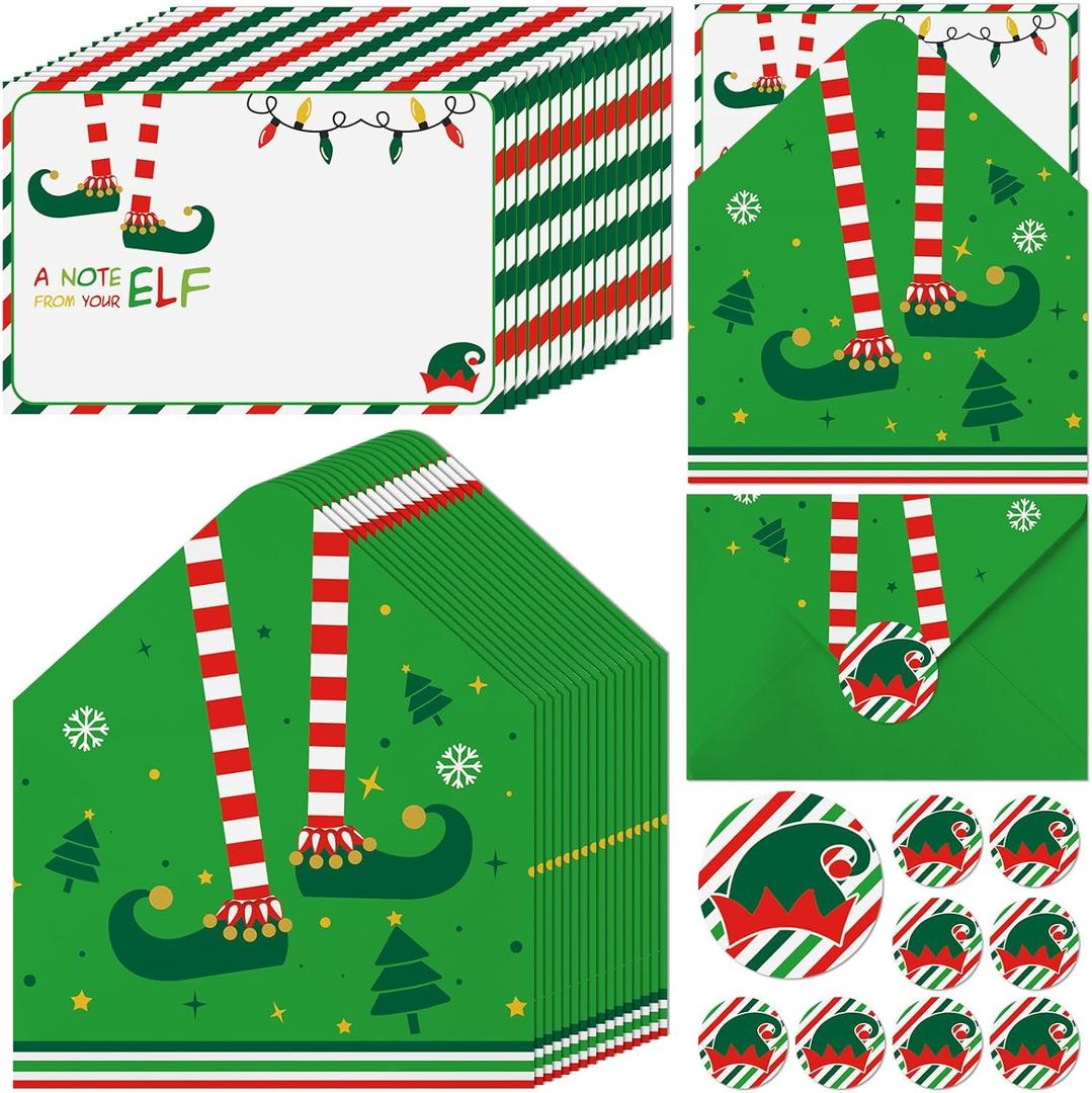 Christmas Elf Notes Cards with Envelopes 4 x6 Lime Green 100 Thank You Stickers Bulk, a Note from Your Elf Legs Greenery Merry Xmas Greeting Card for Student Surveillance Report Activities Stationery