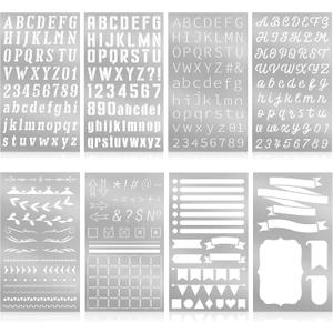Lewtemi 8 Pcs Metal Stencils Journal Template for Painting 4 x 7 Inc Letter Number Alphabet Stencils for Journaling Engraving Wood Burning Stainless Bookmark Ruler School Supplies(Classic Style)