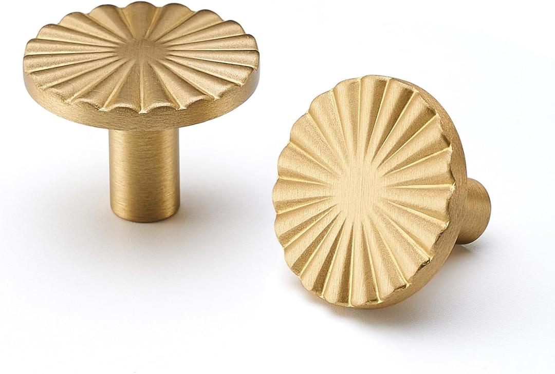 Solid Brass Cabinet Knobs 5 Pack Brushed Gold Drawer Pulls for Kitchen, Closet, Bathroom & Dresser, Decorative Round Hardware for Cabinets, Wardrobes, Furniture with Screws Included