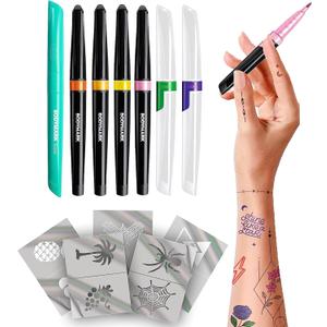 BodyMark Expansion Pack Temporary Tattoo Marker for Skin, Premium Brush Tip, 6 Count Pack of Assorted Colors and Stencils, One Eraser Touch Up Pen, Skin-Safe Temporary Tattoo Markers Set