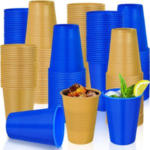 Funnymoom 100 Pcs Disposable Plastic Cups 12 oz Blue and Gold Beverage Cups for Holiday Wedding Birthday Party Supplies