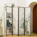 4 Panel Room Divider, 5.6 ft Tall Blackout Folding Privacy Screen - Double-Sided Freestanding Partition Wall with Different Patterns, Ink-wash Mountain Landscape for Home Office (67"H x 63"W)