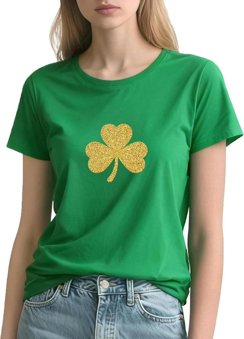 St Patricks Day Shirt Women: Shamrock Pattern Crewneck Short Sleeve Womens Outfits for St. Patrick's Day T-Shirt (Green)