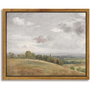 InSimSea Framed Canvas Wall Art Vintage Decor, White Clouds over Vast Grassland Classical Paintings Canvas Prints, Rustic Wall Decor for Bedroom Living Room Office, 8"x10" (Landscape-Lionel)