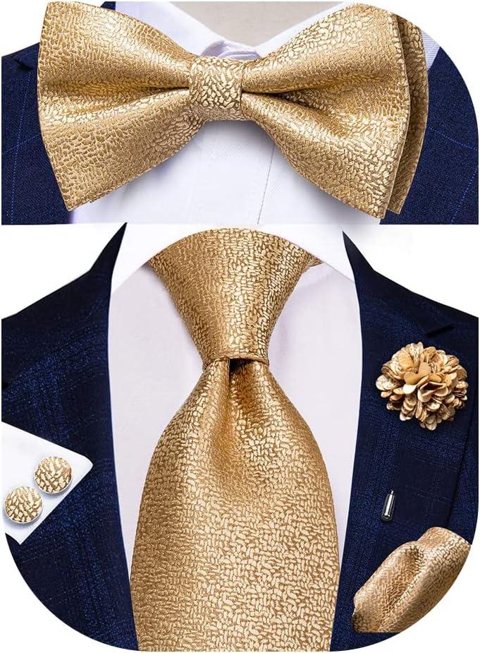 Hi-Tie 5Pcs Mens Solid Color Silk Tie Satin Pretied Bowtie Lapel Pin for Men Handkerchief Cufflink Wedding Gift Box