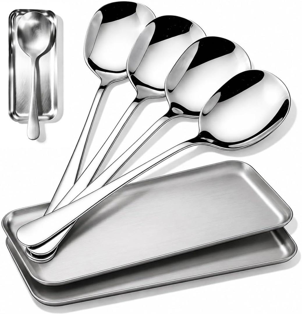 4-Piece Serving Spoons Set with 2 Spoon Rests, 18/8 304 Stainless Steel, Large Buffet Serving Spoons, Heavy Duty Flatware Utensils for Banquet, Cooking & Kitchen