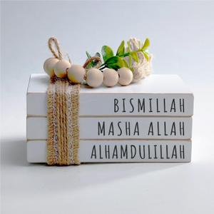 Dazingart Islamic Wooden Book Stack, Bismillah MashaAllah Alhamdulillah, Farmhouse Eid Ramadan Tiered Tray Decor, White Mini Stacked Books with Wood Bead Tassels
