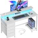 Furologee 47" White Computer Desk with 4 Fabric Drawers & Monitor Stand, Gaming Desk with Power Outlets - LED Lights, Home Office Space-Saving Study Table for Bedroom Small Spaces
