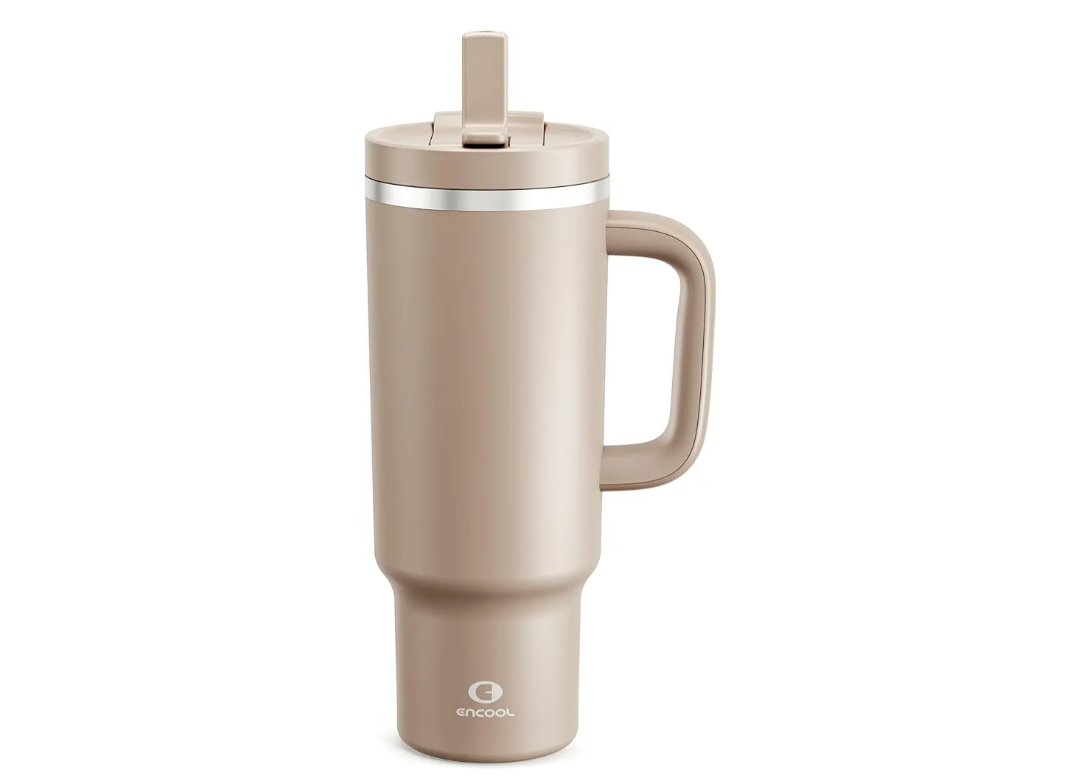 ENCOOL 40 oz Tumbler with Handle and Straw: Stainless Steel Insulated Tumbler Keeps Cold for 24 Hours, Leakproof Travel Cup Fits in Cup Holder and BPA-Free,Raw Umber