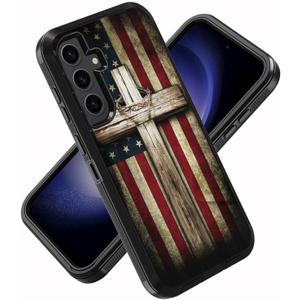 for Samsung Galaxy S24 FE Phone Case, Military Grade Heavy Duty 3-Layer Shockproof Drop Protective Cover for Samsung Galaxy S24 FE 5G (2024), American Flag Cross