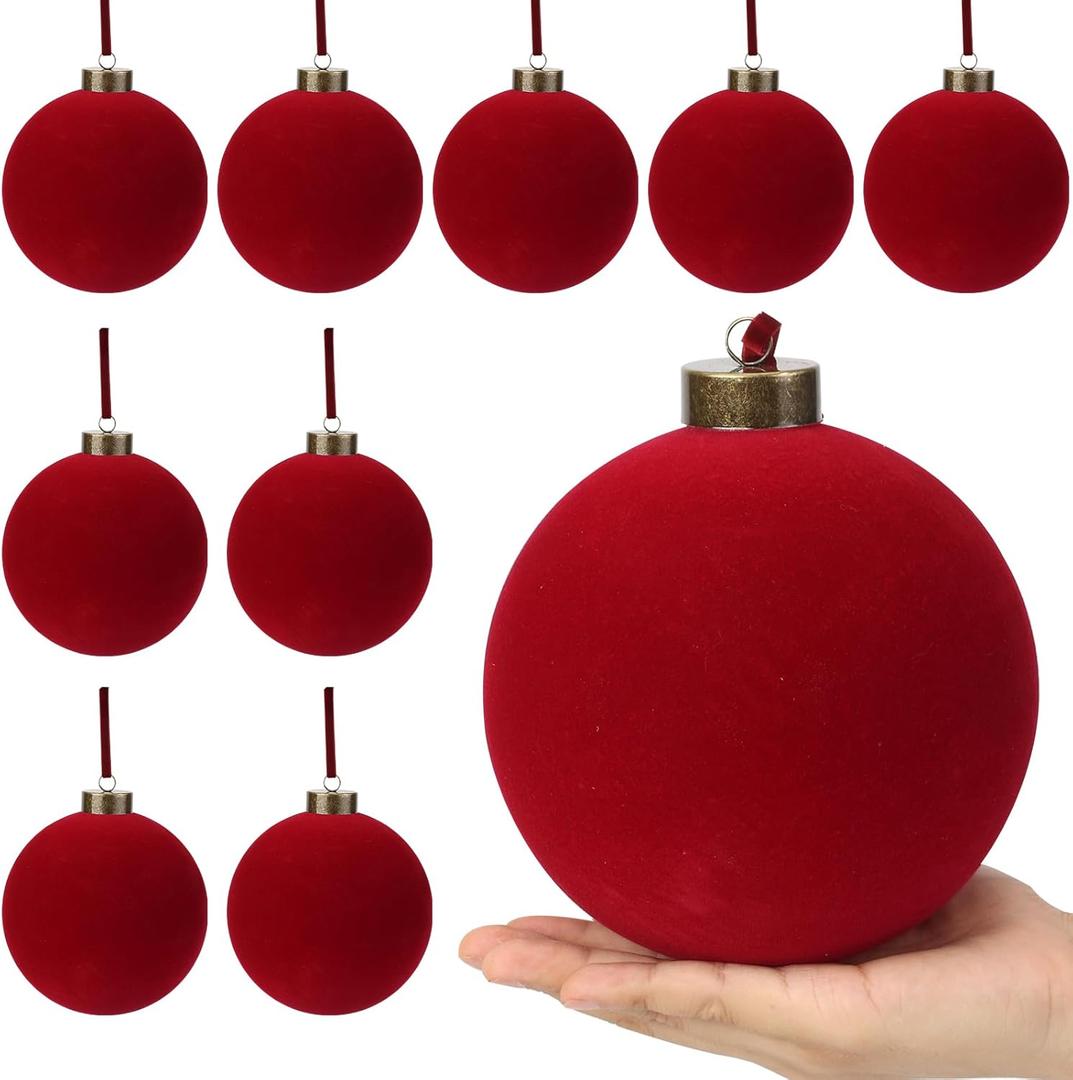 9 PCS Christmas Velvet Balls Flocked Xmas Tree Ball Ornaments Christmas Large Ball Set Xmas Tree Hanging Decoration  6 Inch (Red, 6inch)