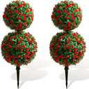 Yunlly 2 Pack 28 Inch Outdoor Artificial Rose Topiary Trees Double Ball with Flowers Fake Bush, Realistic UV Resistance Fake Shrubs with Spike Plant for Indoor Front Porch Garden(Red Rose)