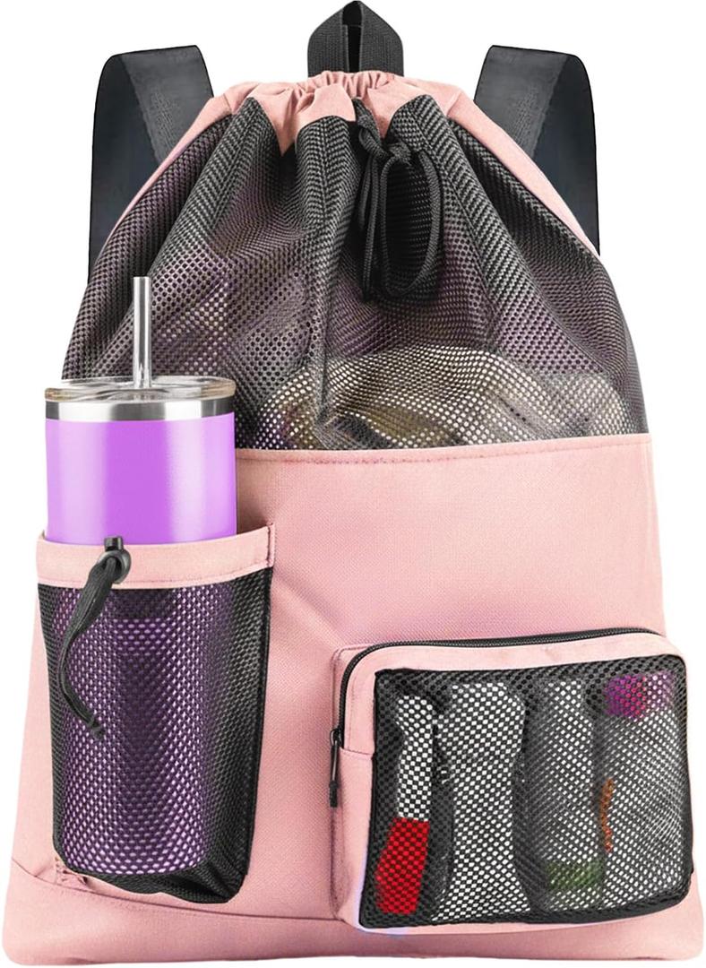 HOHOM Swim Mesh Beach Bag, Waterproof Gym Bags for Women and Men, Large Pool Bag Swimming Gear Drawstring Backpack, One Size