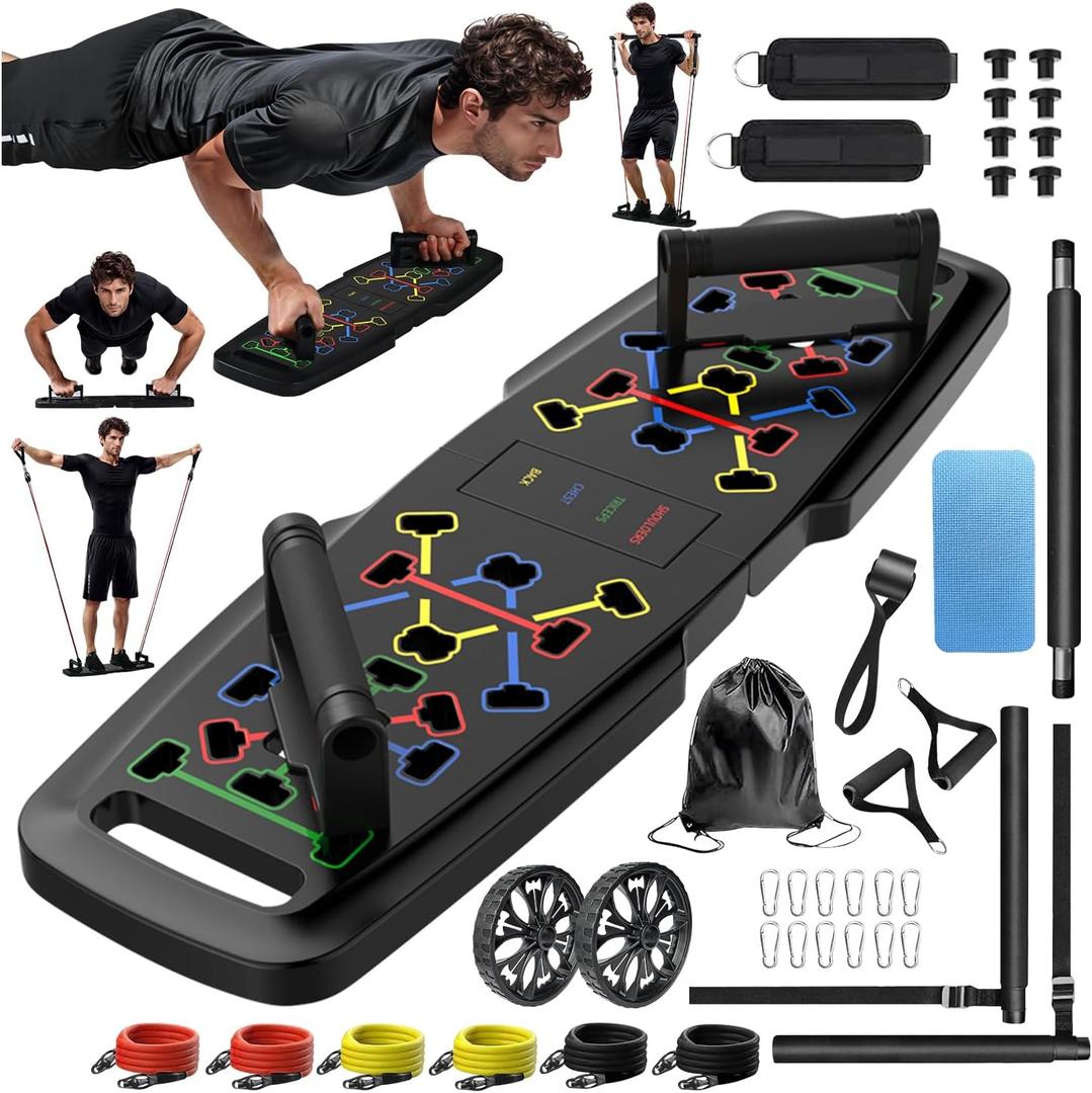 Push Up Board,Home Gym,Portable Exercise Equipment,Pilates Bar and 20 Fitness Accessories with Resistance Bands and Ab Roller Wheel,Full Body Workout at Home (Black)