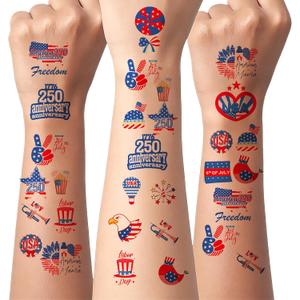 3 x 50PCS 4th of July Temporary Tattoos, 250th Independence Day Patriotic Tattoo Stickers, Independence Day Red White Blue Decor Supplies Favors Suitable for Kids and Adults