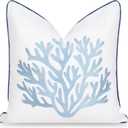 Hofdeco Premium Coastal Patio Indoor Outdoor Throw Pillow Cover Only, 20"x20" Water Repellent for Backyard, Couch, Navy Baby Blue Embroidered Sea Life Coral with Piping