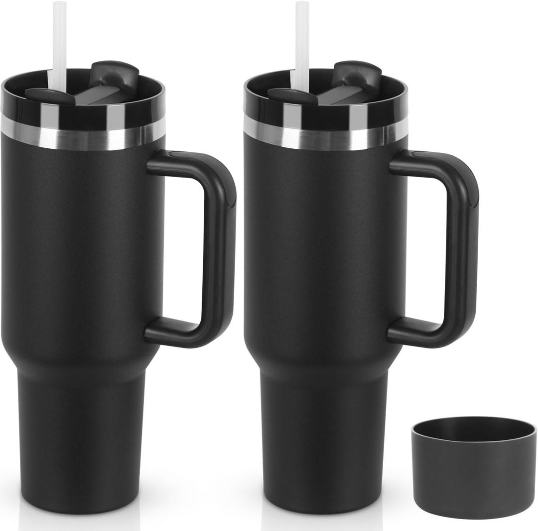 2 Pack 40 oz Tumbler with Handle and Straw Lid, Stainless Steel Double Wall Vacuum Insulated Travel Mug, Insulated Coffee Mug, with Silicone Spill Proof Stopper Set (Black)