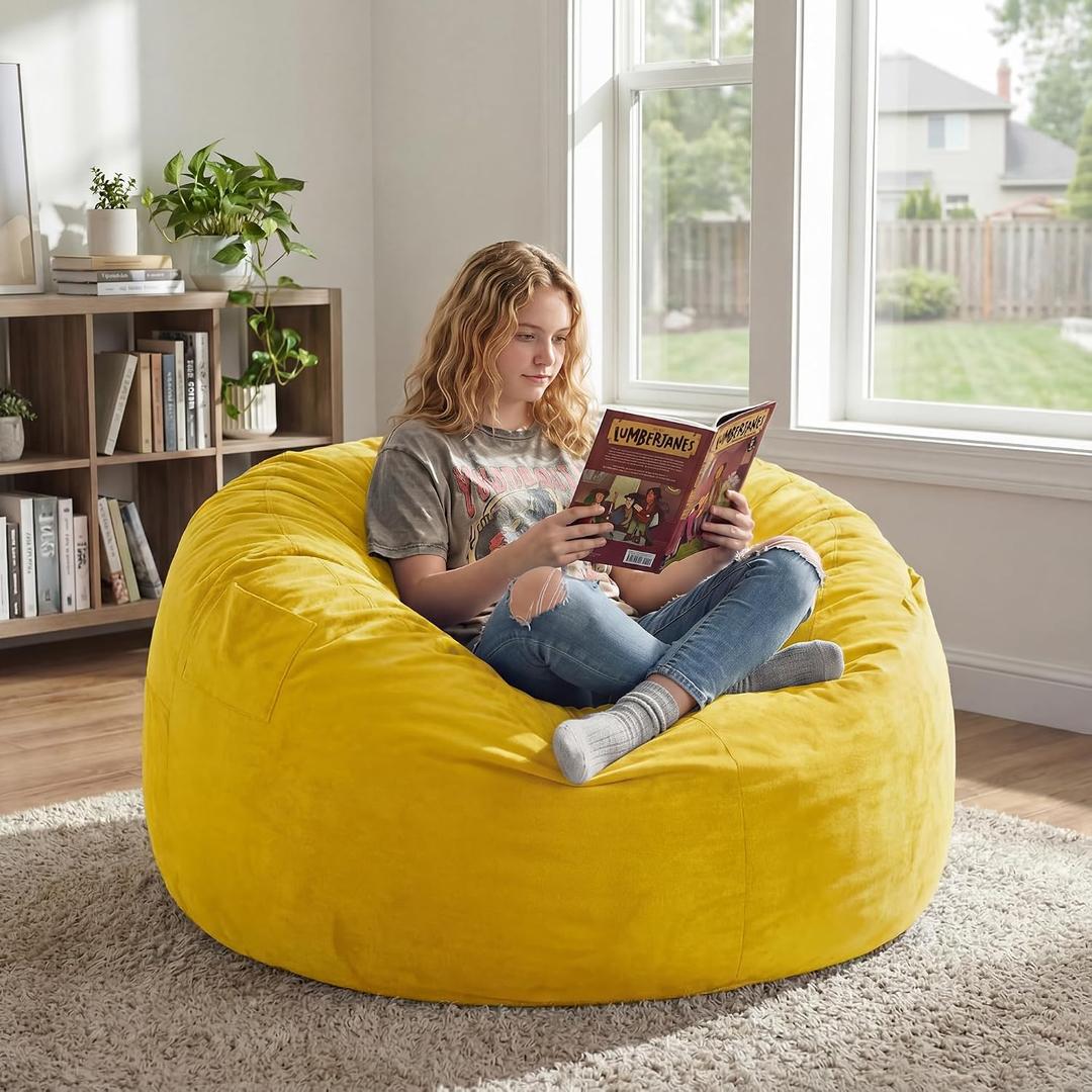 fond + found Large Bean Bag Chair 3FT Big BeanBag Adult Chair with Filler | Memory Foam,Washable Cover,Velvet Fabric,Side Pocket,Lightweight,Dorm Room Adults Bean Bag Chairs Living Room | Mustard 3FT