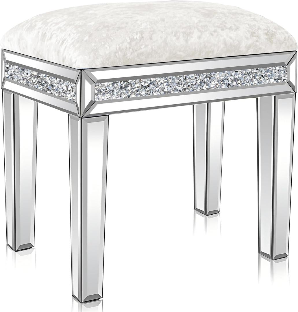 Mirrored Vanity Stool with Crushed Diamond Inlay Velvet Cushion 19.7'' Tall Stylish Makeup Chair for Bedroom, Vanity Chair, Ottoman for Living Room, White