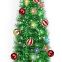 5FT Pop Up Christmas Tree with Timer 60 Warm White & Multi Color Fairy Light 3D Star 25 Ball Ornament, Green Tinsel Christmas Tree Slim Pencil Xmas Tree Home Office Holiday Decor Indoor Outdoor