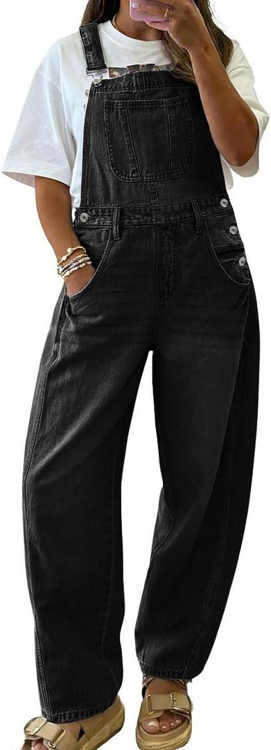chouyatou Women's Baggy Adjustable Strap Denim Bib Overalls Barrel Jeans Casual Loose Wide Leg Denim Pant Jumpsuits (Black, L)