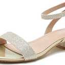 Women's Ankle Strap Sandals, Low Block Heel, Open Toe Summer Dress Shoes with Buckle Closure (10, Glitter Champagne Gold)