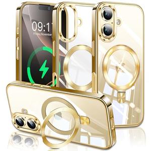 ESTPEAK Titanium Gold CD Mag-Stand Case for iPhone 16 Plus Case with Invisible Magnetic Ring, [Fit for MagSafe] [Never Yellowing] Top Clear Phone Case Cover for iPhone 16 Plus 6.7" Men Women