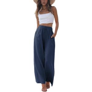 Faleave Women's Cotton Linen Summer Palazzo Pants Flowy Wide Leg Beach Trousers with Pockets (Blue, L)