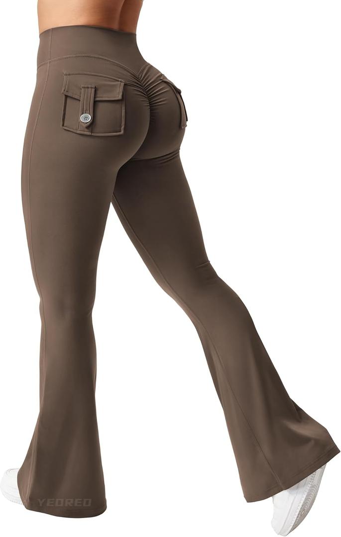 YEOREO CoreFlex Flare Leggings with Pockets for Women Scrunch Workout Leggings Butt Lifting Gym Yoga Pants (Large, Coffee)