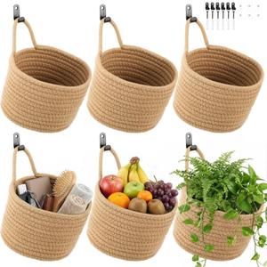 6 PCS Wall Hanging Basket Set Handwoven Cotton Rope Hanging Fruit Basket Organizer with Hooks Boho Decorative Storage Bins for Home Kitchen Office Door Wall