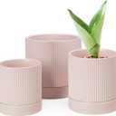 LaDoVita 3 Pack Ceramic Plant Pots 6/5/4 inch, Flowerpot for Indoor Plants with Drainage Holes and Tray, Outdoor Garden Planters, Modern Decorative for Home, Pink Vertical Stripes